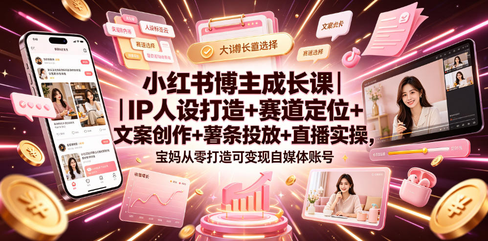 小红书博主成长课｜IP人设打造+赛道定位+文案创作+薯条投放+直播实操，宝妈从零打造可变现自媒体账号-大表哥网创