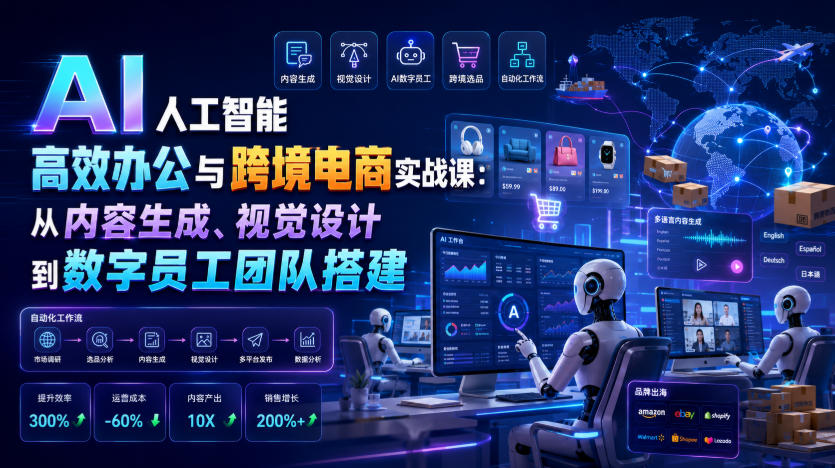 AI人工智能高效办公与跨境电商实战课：从内容生成、视觉设计到数字员工团队搭建-大表哥网创