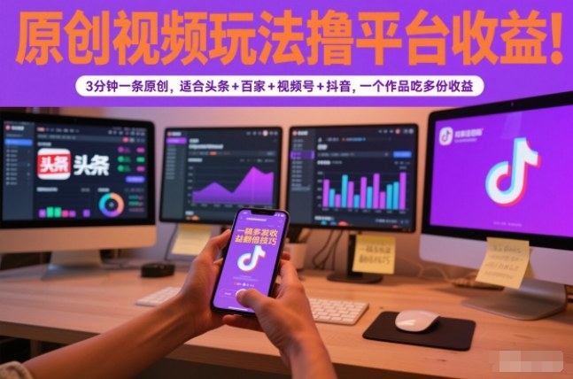 原创视频玩法撸平台收益，3分钟一条原创，适合头条+百家+视频号+抖音，一个作品吃多份收益-大表哥网创