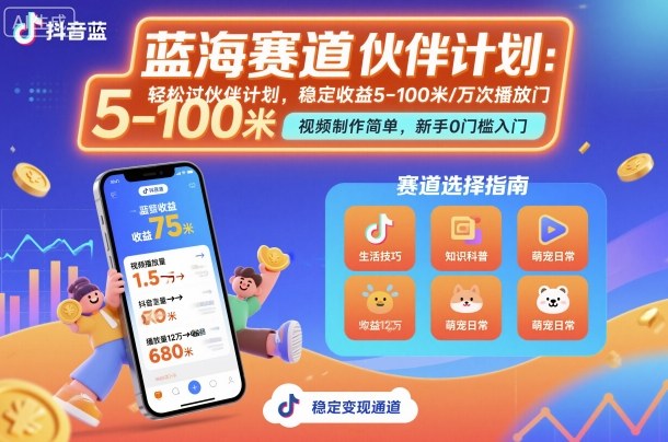 抖音蓝海赛道，轻松过伙伴计划，视频制作简单，万次播放收益在5-100米，稳定收益-大表哥网创