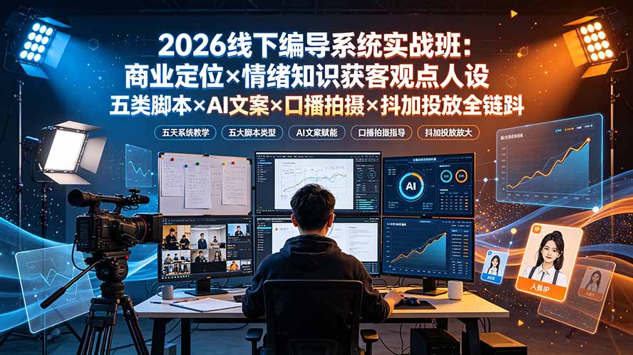 2026线下编导系统实战班:商业定位×情绪知识获客观点人设五类脚本×AI文案×口播拍摄×抖加投放全链路-大表哥网创