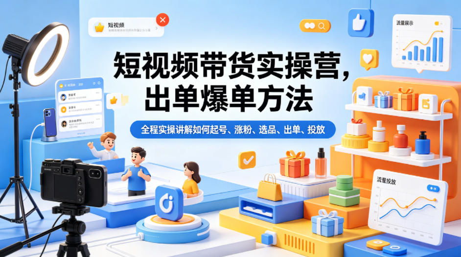 短视频带货实操营，出单爆单方法，全程实操讲解如何起号、涨粉、选品、出单、投放-大表哥网创