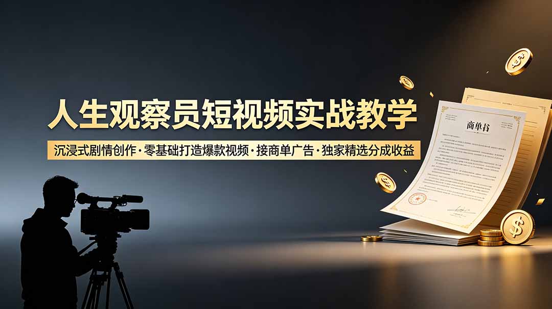 人生观察员短视频实战教学，沉浸式剧情创作，零基础打造爆款视频，接商单广告，独家精选分成收益-大表哥网创