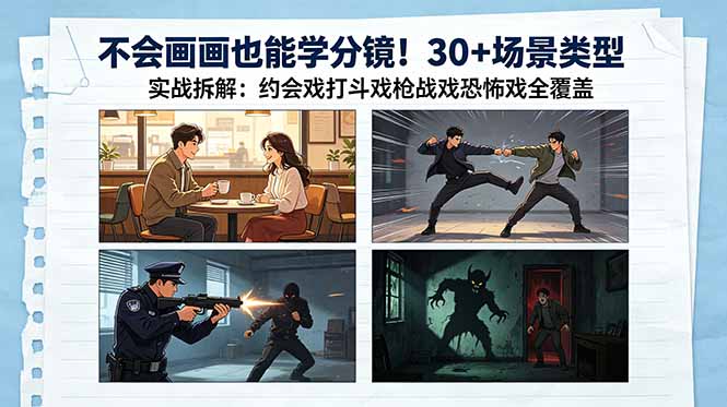 不会画画也能学分镜！30+场景类型实战拆解：约会戏打斗戏枪战戏恐怖戏全覆盖-大表哥网创
