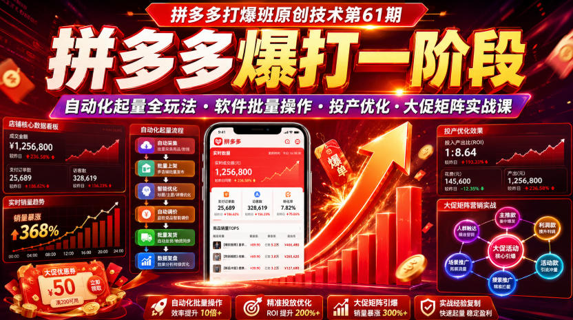 拼多多打爆班原创技术第61期，拼多多爆打一阶段，自动化起量全玩法・软件批量操作・投产优化・大促矩阵实战课-大表哥网创