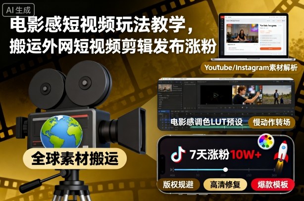 电影感短视频玩法教学，搬运外网短视频剪辑发布涨粉-大表哥网创