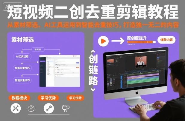 短视频二创去重剪辑教程，从素材筛选、AI工具运用到智能去重技巧，打造独一无二的内容-大表哥网创
