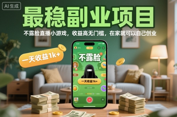 最稳副业项目，不露脸直播小游戏，收益高无门槛，一天收益1k+，在家就可以自己创业【揭秘】-大表哥网创