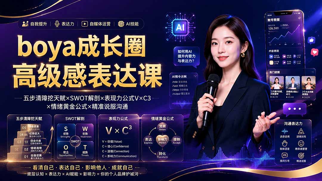 boya成长圈｜内心成长高级表达AI自媒体三合一，消解内耗挖掘天赋，镜头沟通AI指令短视频全流程教学-大表哥网创