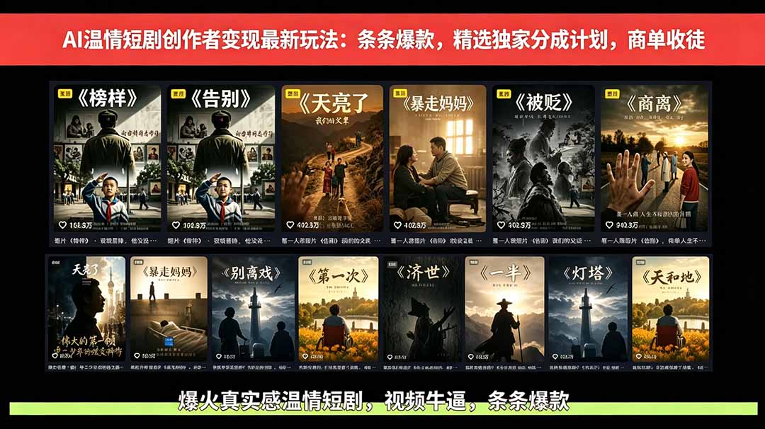 AI温情短剧创作者变现最新玩法：视频牛逼，条条爆款，精选独家分成计划，商单收徒-大表哥网创