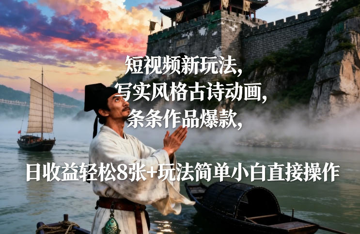 短视频新玩法，写实风格古诗动画，条条作品爆款，日收益轻松8张+玩法简单小白直接操作-大表哥网创