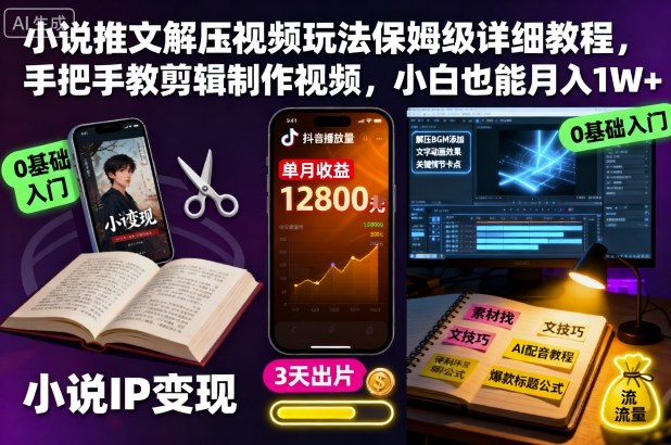 小说推文解压视频玩法保姆级详细教程，手把手教剪辑制作视频，小白也能月入1W+-大表哥网创