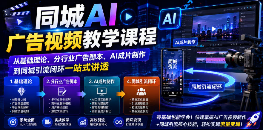 同城AI广告视频教学课程，从基础理论、分行业广告脚本、AI成片制作到同城引流闭环一站式讲透-大表哥网创