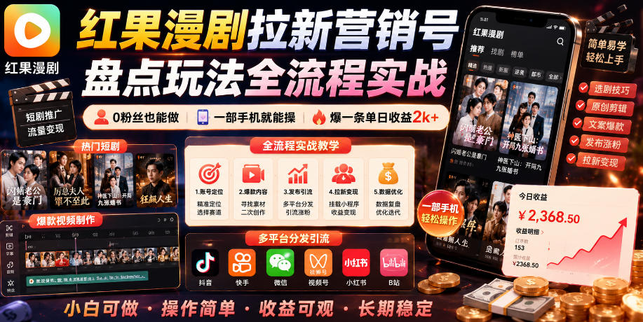 红果漫剧拉新营销号盘点玩法全流程实战，0粉丝也能做，一部手机就能做，爆一条单日收益2k+(更新0628)-大表哥网创