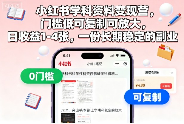 小红书学科资料变现营，门槛低可复制可放大，日收益1-4张，一份长期稳定的副业-大表哥网创