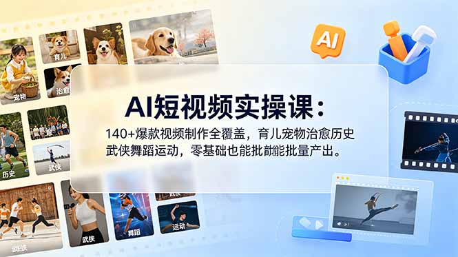 AI短视频实操课:140+爆款视频制作全覆盖,育儿宠物治愈历史武侠舞蹈运动,零基础也能批量产出-大表哥网创