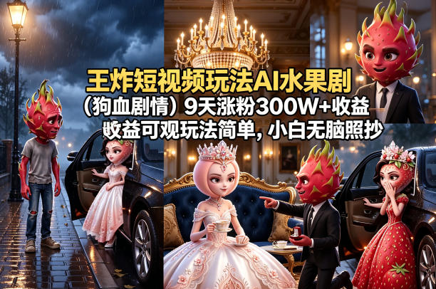 王炸短视频玩法AI水果剧(狗血剧情)9天涨粉300W+收益可观玩法简单，小白无脑照抄，详细拆解玩法-大表哥网创