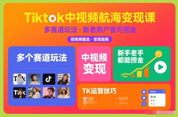 Tiktok中视频航海变现课，多个赛道玩法，新手老手都能在TK中视频捞金-大表哥网创