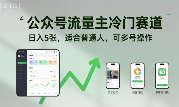 公众号流量主冷门赛道，日入5张，适合普通人，可多号操作-大表哥网创