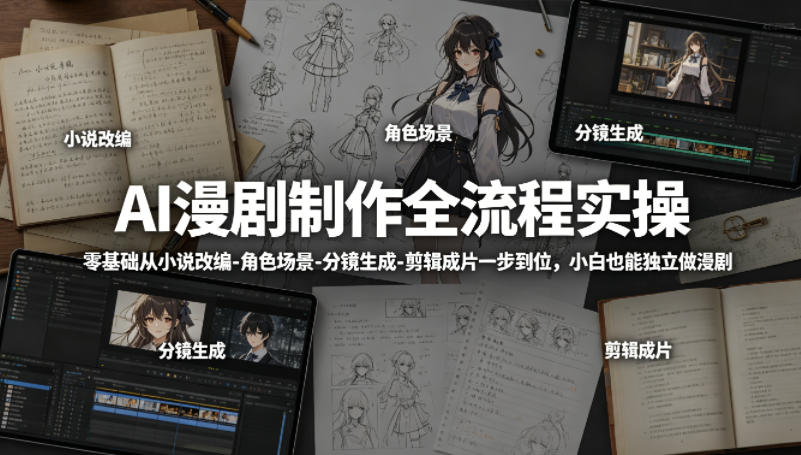 AI漫剧制作全流程实操，零基础从小说改编-角色场景-分镜生成-剪辑成片一步到位，小白也能独立做漫剧-大表哥网创