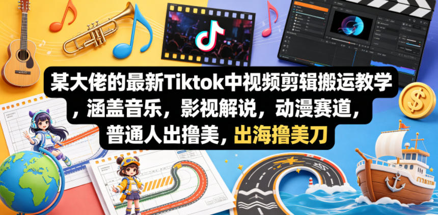 某大佬的最新Tiktok中视频剪辑搬运教学，涵盖音乐，影视解说，动漫赛道，普通人出海撸美刀-大表哥网创