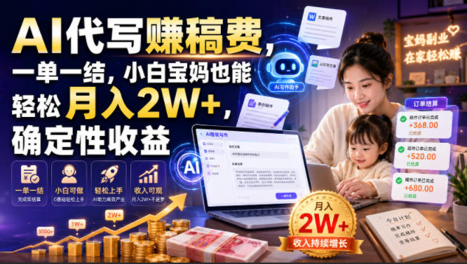 AI代写賺稿费，一单一结，小白宝妈也能轻松月入2W+，确定性收益【揭秘】-大表哥网创