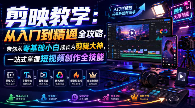 剪映教学：从入门到精通全攻略，带你从零基础小白成长为剪辑大神，一站式掌握短视频创作全技能-大表哥网创