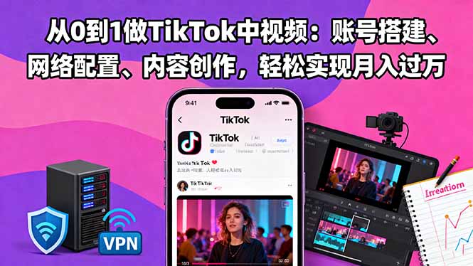 从0到1做TikTok中视频：账号搭建、网络配置、内容创作，轻松实现月入过万-大表哥网创