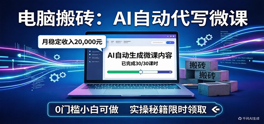 电脑搬砖AI自动代写微课,月稳定2W,0门槛小白可做,实操秘籍-大表哥网创