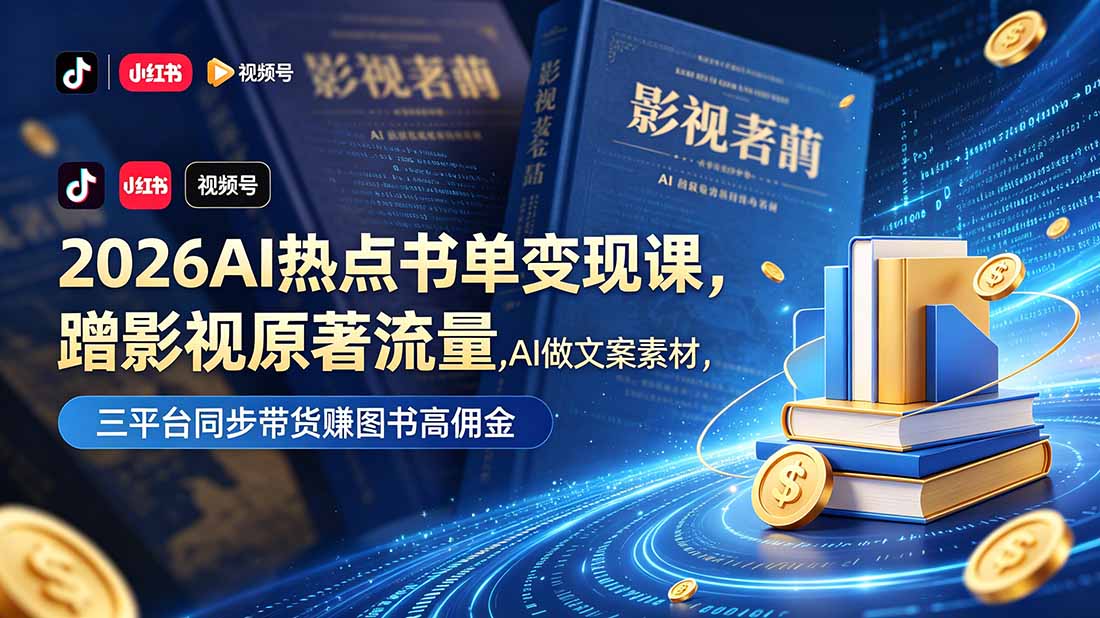 2026AI热点书单变现课，蹭影视原著流量，AI做文案素材，三平台同步带货赚图书高佣金-大表哥网创