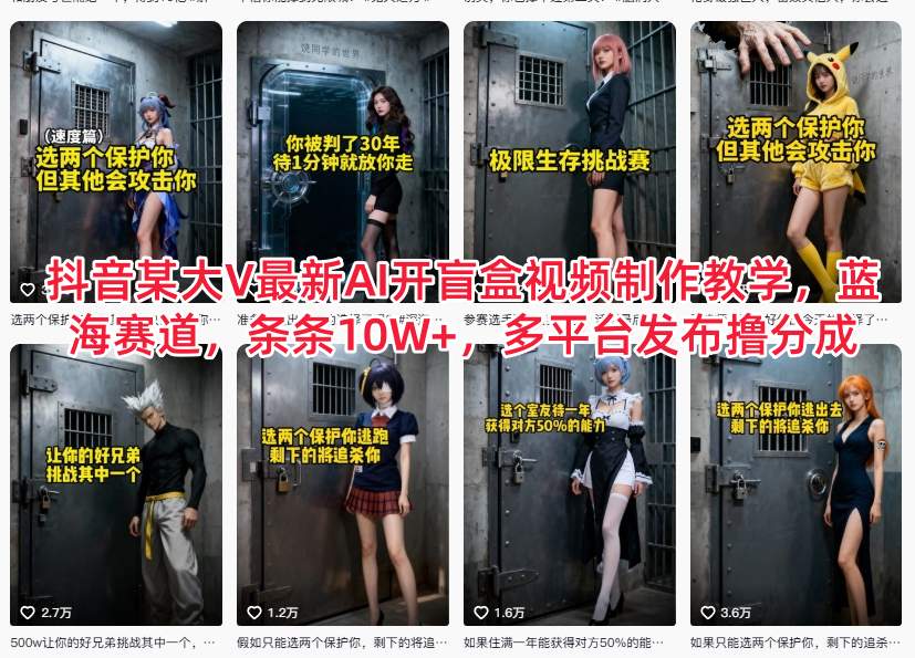 抖音某大V最新AI开盲盒视频制作教学，蓝海赛道，条条10W+，多平台发布撸分成-大表哥网创