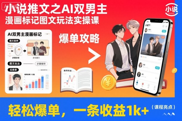 小说推文之AI双男主漫画标记图文玩法实操课，轻松爆单，一条收益1k+-大表哥网创