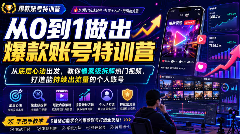 从0到1做出爆款账号特训营,从底层心法出发,教你像素级拆解热门视频,打造能持续出流量的个人账号-大表哥网创
