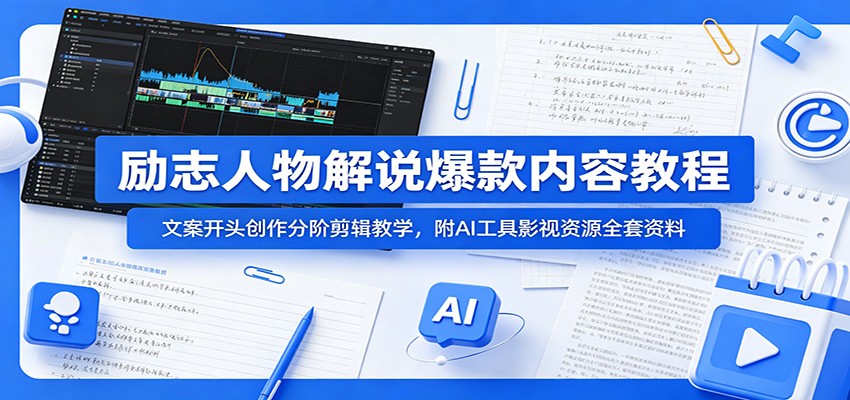 励志人物解说爆款内容教程：文案开头创作分阶剪辑教学，附AI 工具影视资源全套资料-大表哥网创