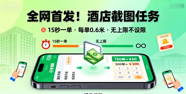 全网首发！酒店截图任务，15秒一单，每单0.6米，任务无上限不设限，矩阵操作单日3张到手【揭秘】-大表哥网创