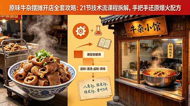 原味牛杂摆摊开店全套攻略：21节技术流课程拆解，手把手还原爆火配方-大表哥网创