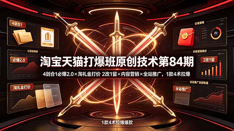 淘宝天猫打爆班原创技术第84期：4剑合1必爆2.0×淘礼金打价×2改1留×内容营销×全站推广，1款4术拉爆-大表哥网创