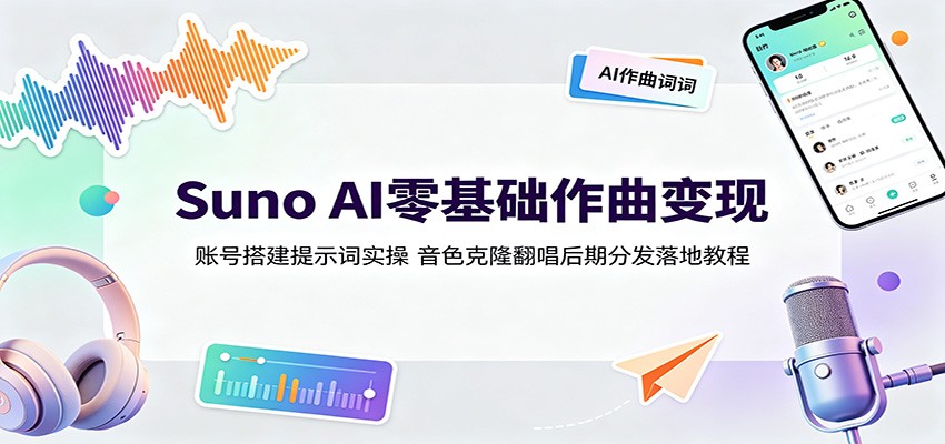 Suno AI零基础作曲变现：账号搭建提示词实操，音色克隆翻唱后期分发落地教程-大表哥网创