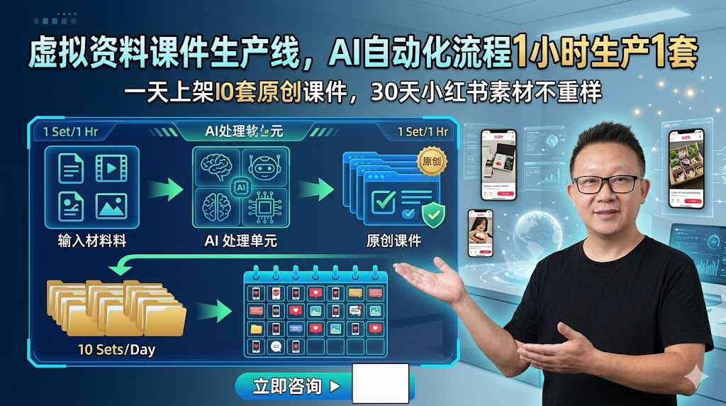 虚拟资料课件生产线，AI自动化流程1小时生产1套，一天上架10套原创课件，30天小红书素材不重样-大表哥网创