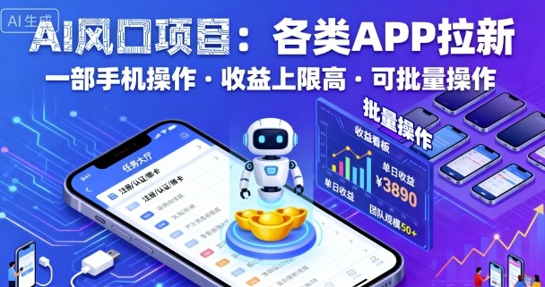 AI风口项目，各类APP拉新，一部手机就可以操作，收益上限高，可批量操作-大表哥网创