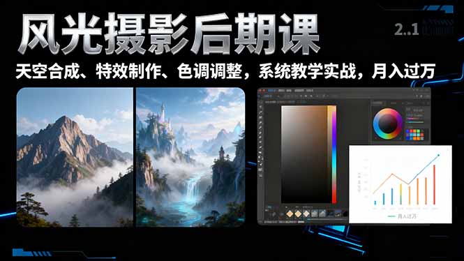 风光摄影后期课，一键换天空合成、特效制作、色调调整，月入过万-大表哥网创