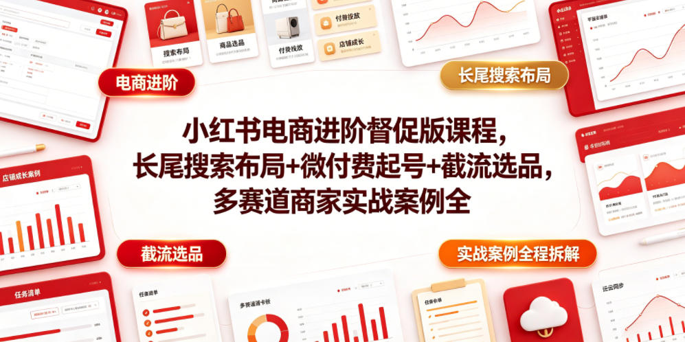 小红书电商进阶督促版课程，长尾搜索布局+微付费起号+截流选品，多赛道商家实战案例全程拆解-大表哥网创