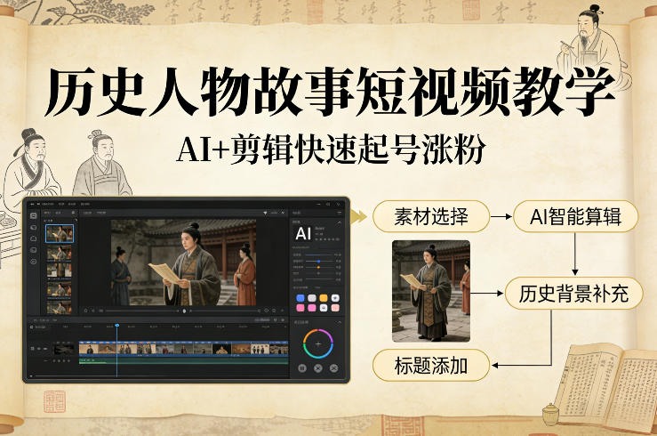 历史人物故事短视频教学，AI+剪辑制作历史人物题材短视频，快速起号涨粉-大表哥网创