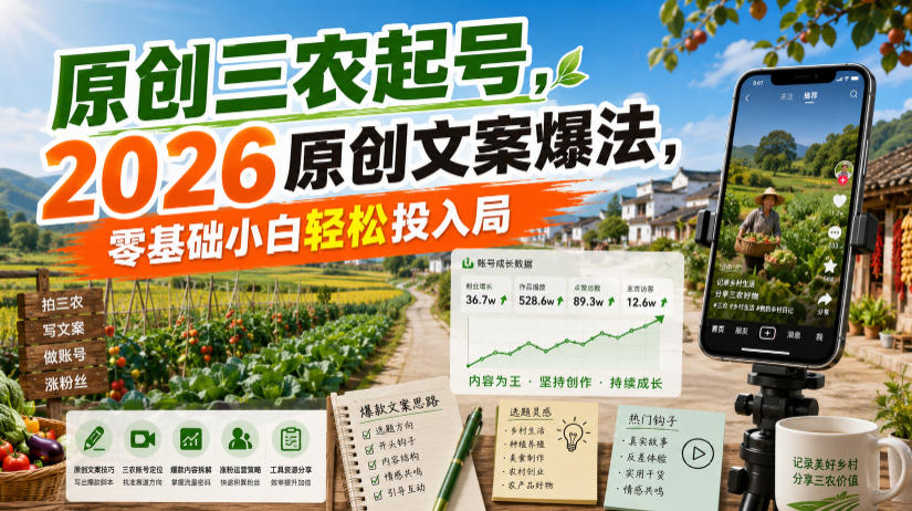 原创三农起号,2026原创文案爆法,零基础小白轻松投入局-大表哥网创