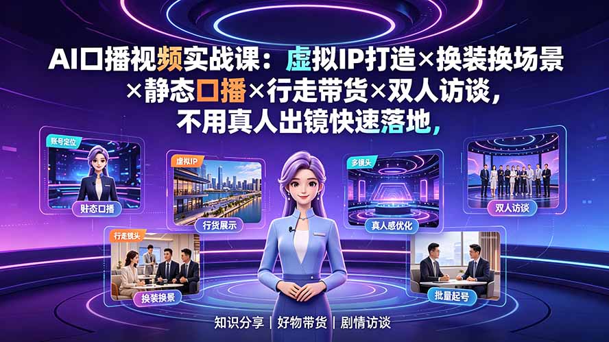 AI口播视频实战课：虚拟IP打造×换装换场景×静态口播×行走带货×双人访谈，不用真人出镜快速落地-大表哥网创