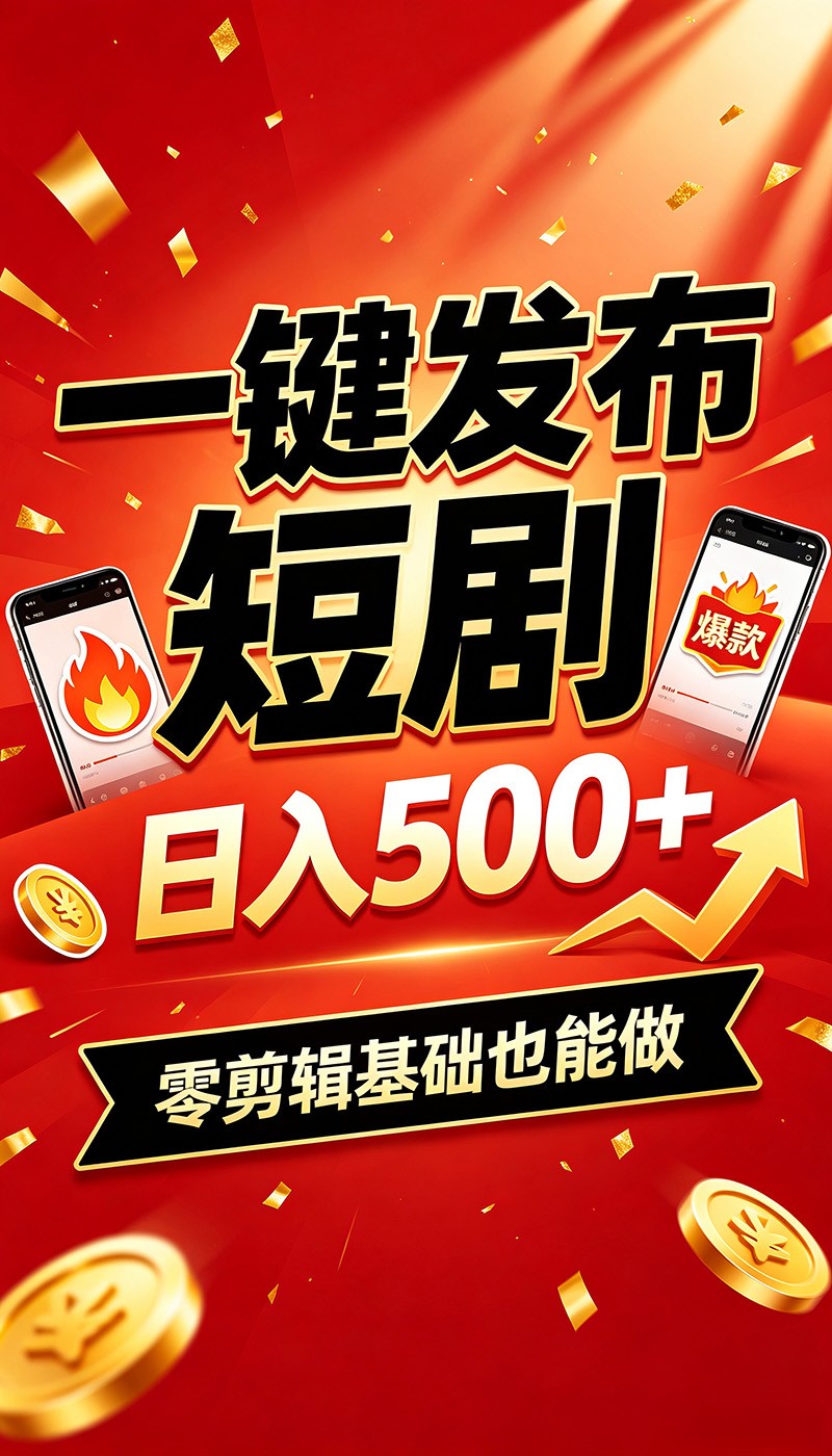 快手短剧一键发布，不用剪辑操作简单，副业日入500+。空闲时间轻松赚收益-大表哥网创