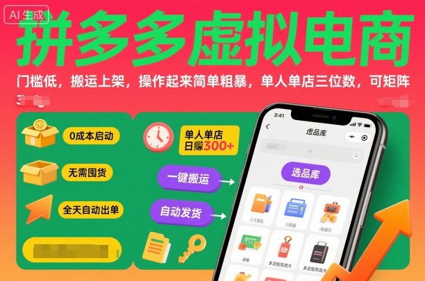 拼多多虚拟电商，门槛低，搬运上架，操作起来简单粗暴，单人单店三位数，可矩阵-大表哥网创