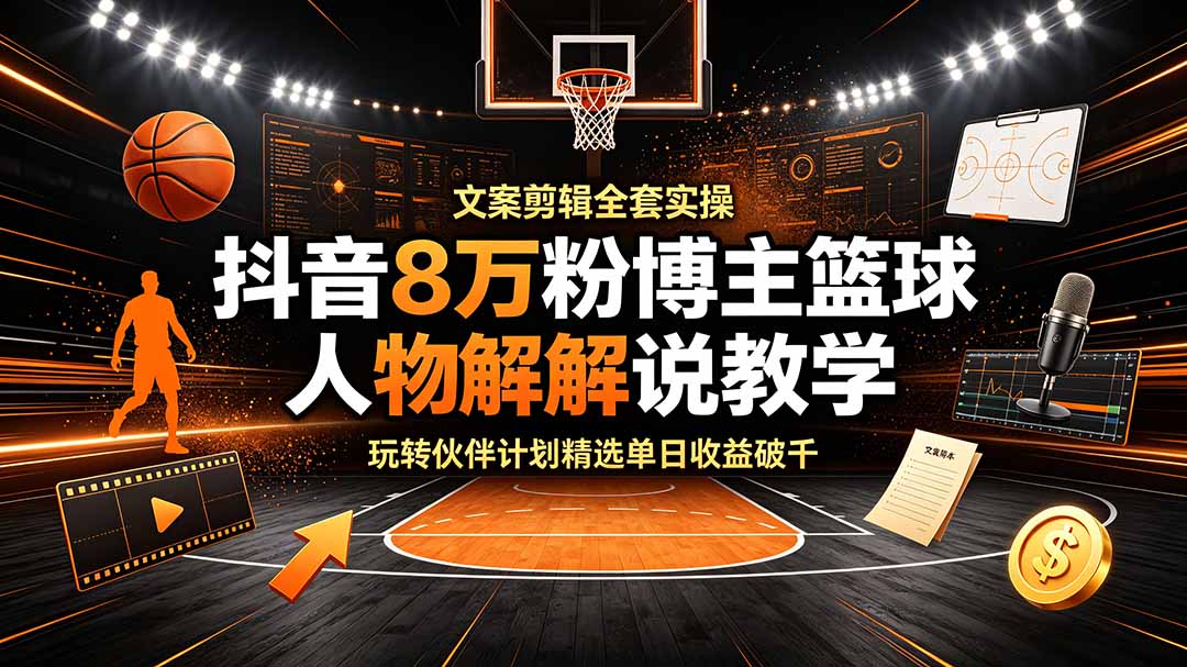 抖音8万粉博主篮球人物解说教学，文案剪辑全套实操，玩转伙伴计划精选单日收益破千-大表哥网创