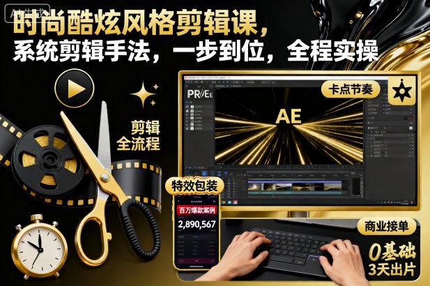 时尚酷炫风格剪辑课，系统剪辑手法，一步到位，全程实操-大表哥网创