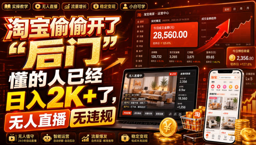 淘宝偷偷开了“后门”，懂的人已经日入2K+了，无人直播无违规，一台电脑=一家24小时营业的线上门店【揭秘】-大表哥网创